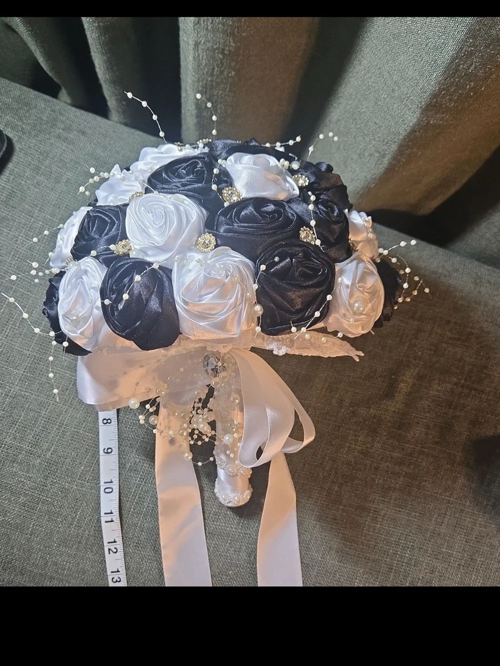 Elegant Navy and White Satin Rose Bridal Bouquet with Pearl Accents